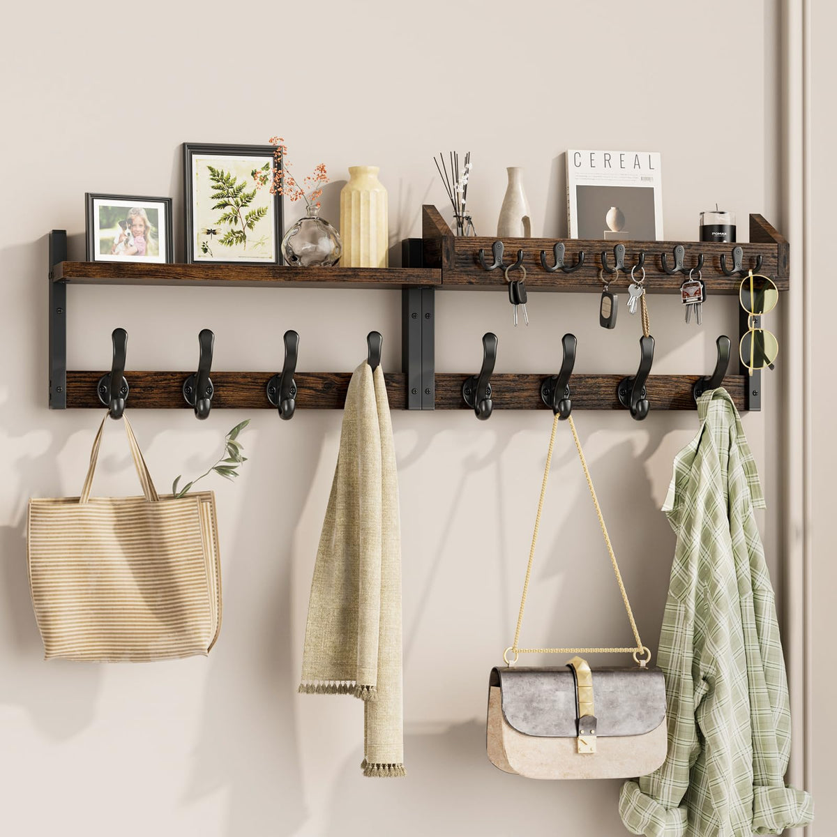Evermagin 35" Coat Rack Wall Mount with Shelf, 4 in 1 Coat and Key Hanger with 13 Metal Hooks, Entryway Wall Mounted Shelf with Mail Holder for Living Room, Bedroom, Black