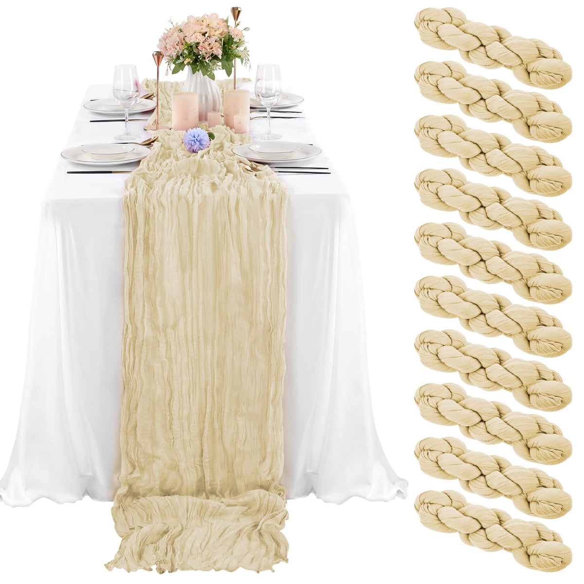 10 Pcs Beige Cheesecloth Table Runner 10FT, Gauze Table Runner for Wedding Reception Sheer Bridal Shower Birthday Party Boho Table Decoration, Rustic Romantic Wedding Runner