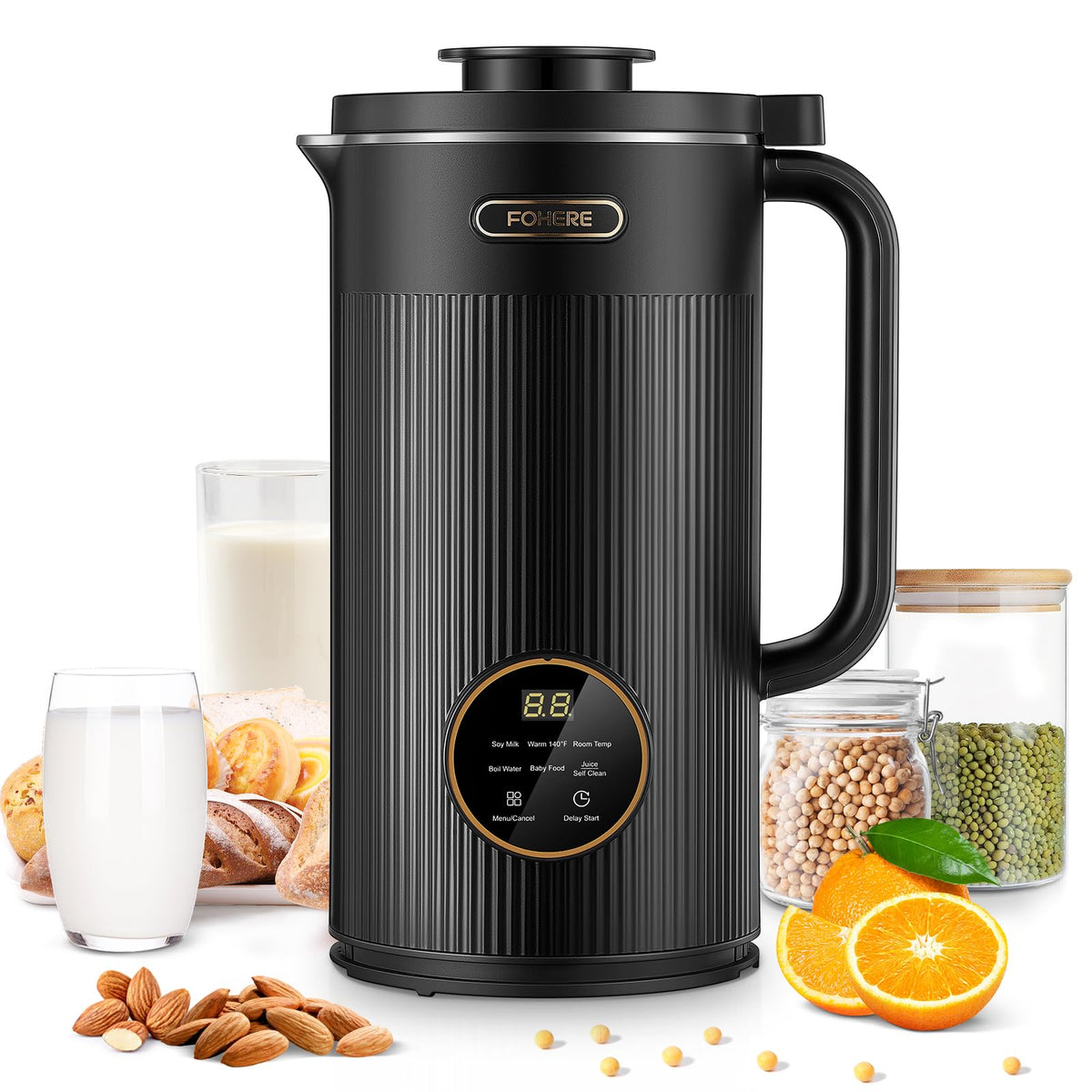 Nut Milk Maker Machine, FOHERE 35oz(1000ml) Automatic Soy Machine, for Plant-Based Milk, Soy, Oat, Almond, Coconut, Juice, Baby Food, 800W Almond Milk Maker with 12H Timer/Self-Cleaning (Black)