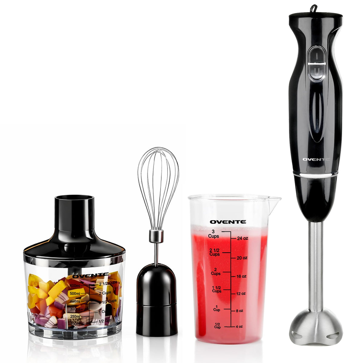 Ovente Multi-Purpose Immersion Hand Blender, 300-Watt Hand Mixer, 2 Speeds, Brushed Stainless Steel Blades and Detachable Shaft, Red (HS560R)