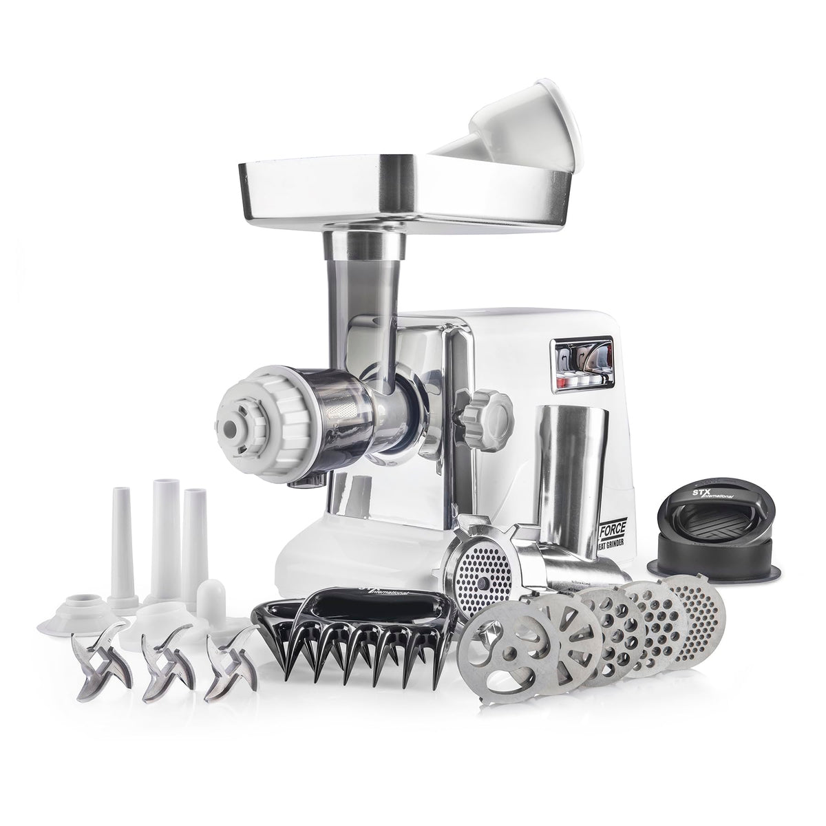 STX International Turboforce 3000 Series 7-in-1 Electric Meat Grinder | 3000W Max | 3-Speed | Foot Pedal | Juicer | 5 Grinding Die | 3 Stainless Steel Blades | Sausage Stuffer | Kubbe Maker & More