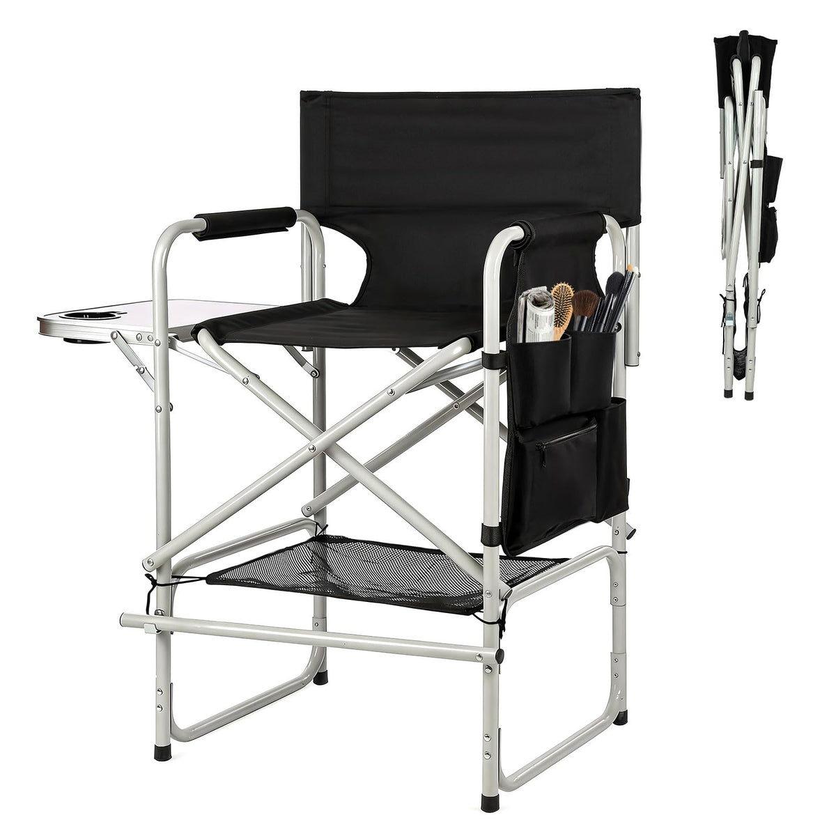 41" Directors Chair, Foldable Makeup Artist Chair for Clients with Side Table, Cup Holder, Storage Bag & Footrest, 400lbs Capacity, Black