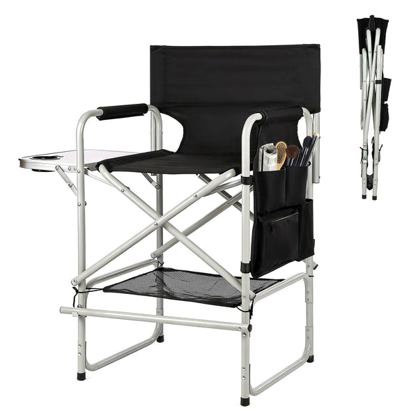 41" Directors Chair, Foldable Makeup Artist Chair for Clients with Side Table, Cup Holder, Storage Bag & Footrest, 400lbs Capacity, Black