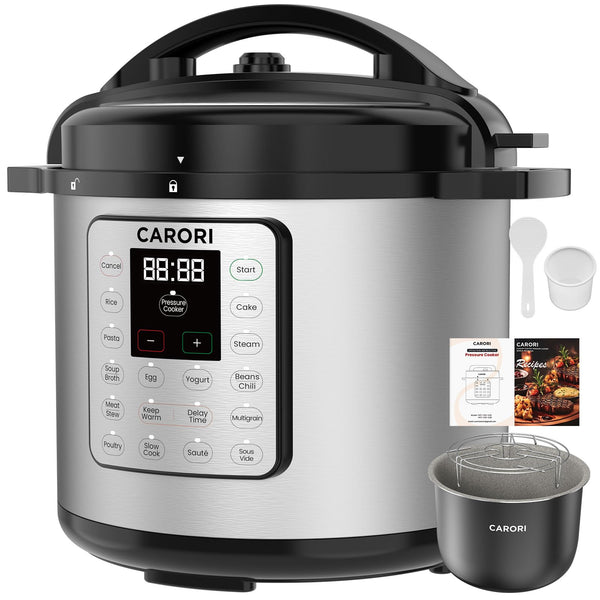 CARORI 1200W 12-in-1 Electric Pressure Cooker 8Qt, Stainless Steel Pressure Cooker, Slow Cook Rice Cooker Steamer Sauté, Yogurt Maker, Warmer & Sterilizer with Recipe, Safer Venting Design, Sliver