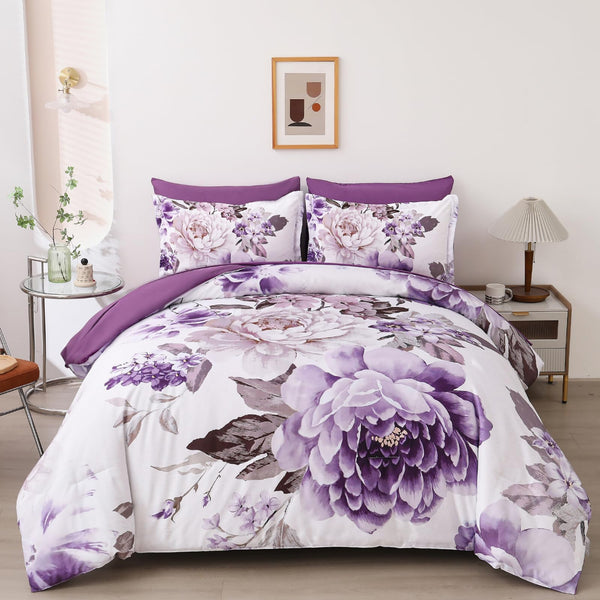 Floral Comforter Set King Size 7 Pieces Black Pink Floral Bed in a Bag, Complete Bedding Sets Elegant Flower Bed Set Comforter for All Season with Flat Sheet, Fitted Sheet, Pillowcases & Shams