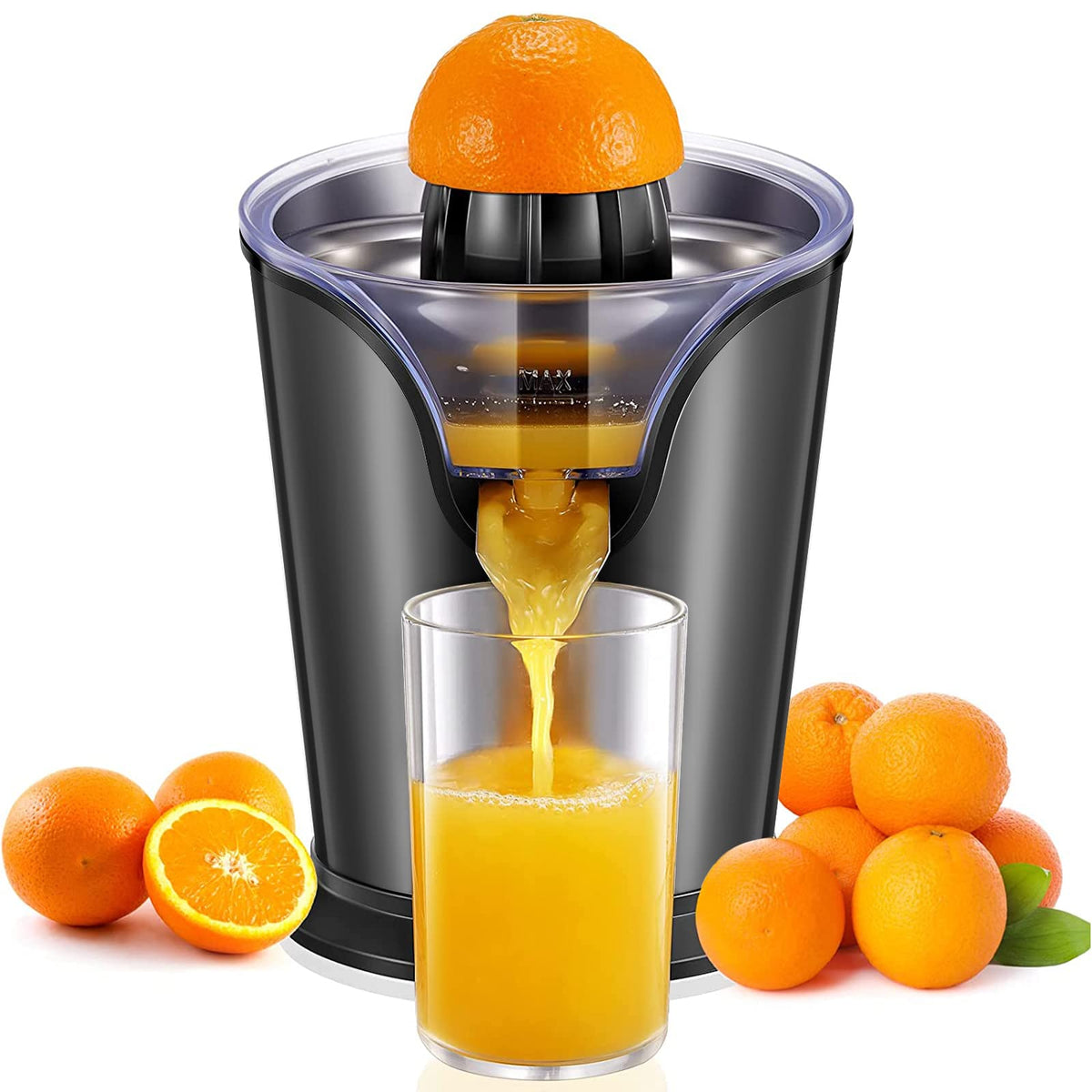 FOHERE Orange Juice Squeezer Electric Citrus Juicer with Two Interchangeable Cones Suitable for orange, lemon and Grapefruit, Brushed Stainless Steel