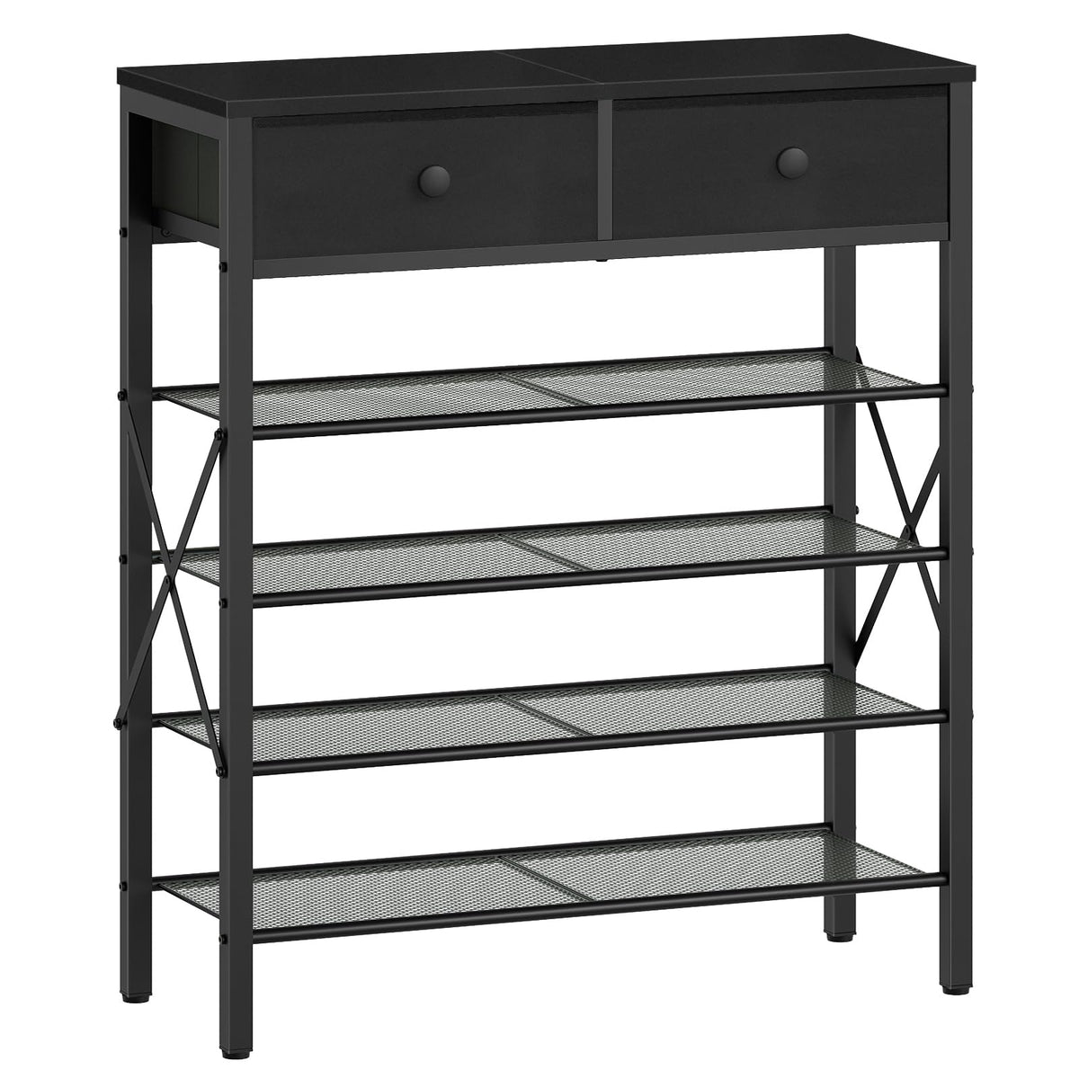 YATINEY 4 Tier Shoe Rack, Large Capacity Shoe Storage Organizer, Metal Shoe Shelf with Drawer and Wooden Top, for 16 Pairs of Shoes, for Entryway, Closet, Black SS24BB