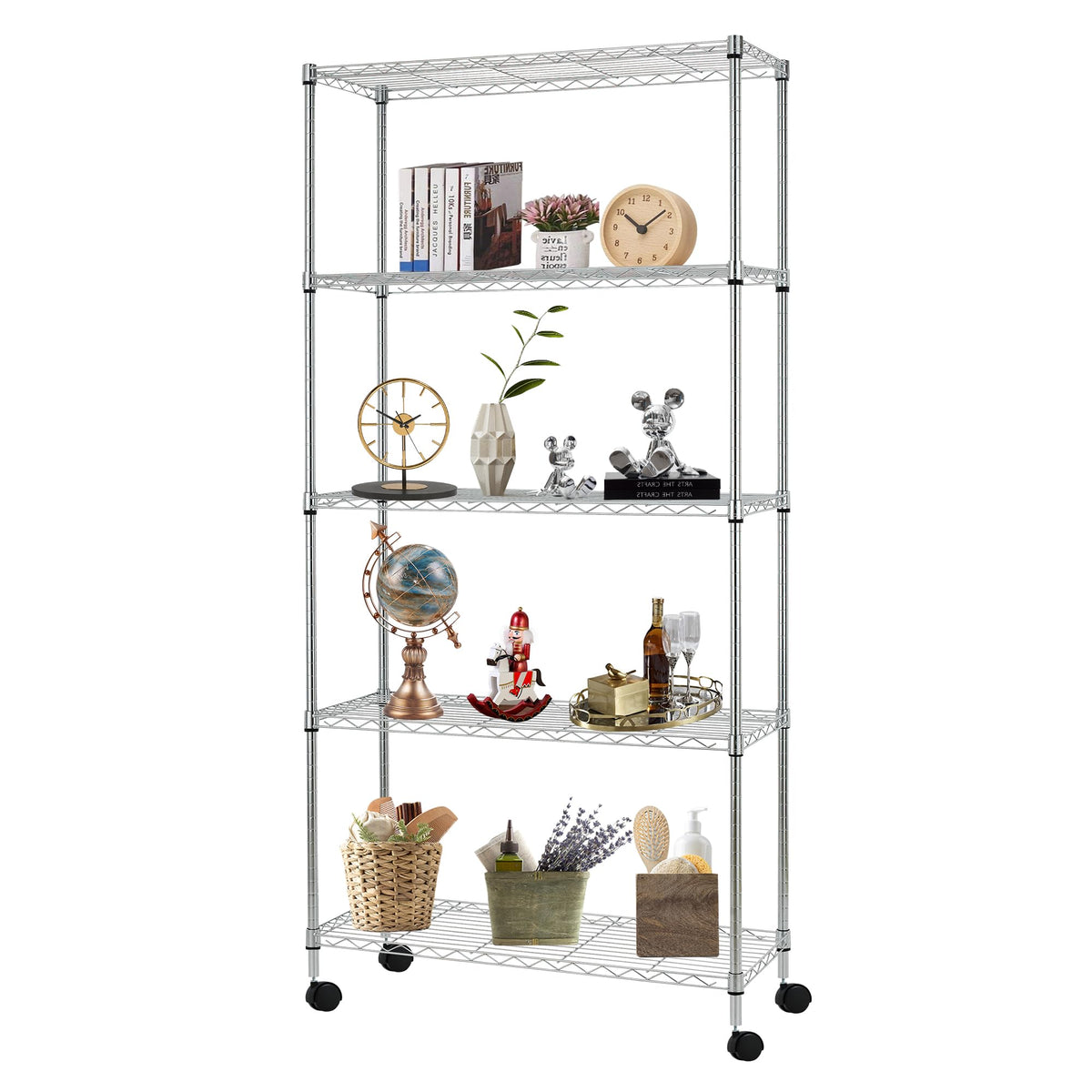 FDW Adjustable Storage Rack Wire Shelf with Wheels - 5 Tier Metal Shelves for Small Spaces - Easy Assembly, Chrome