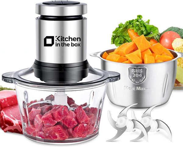 Kitchen in the box Food Processors,Small Meat Grinder & Food Chopper Electric Vegetable Chopper with 2 Bowls (8 Cup+8 Cup)& 2 Bi-Level Blades for Meat/Fish/Vegetable/Baby Food (Black,8cup+8cup)