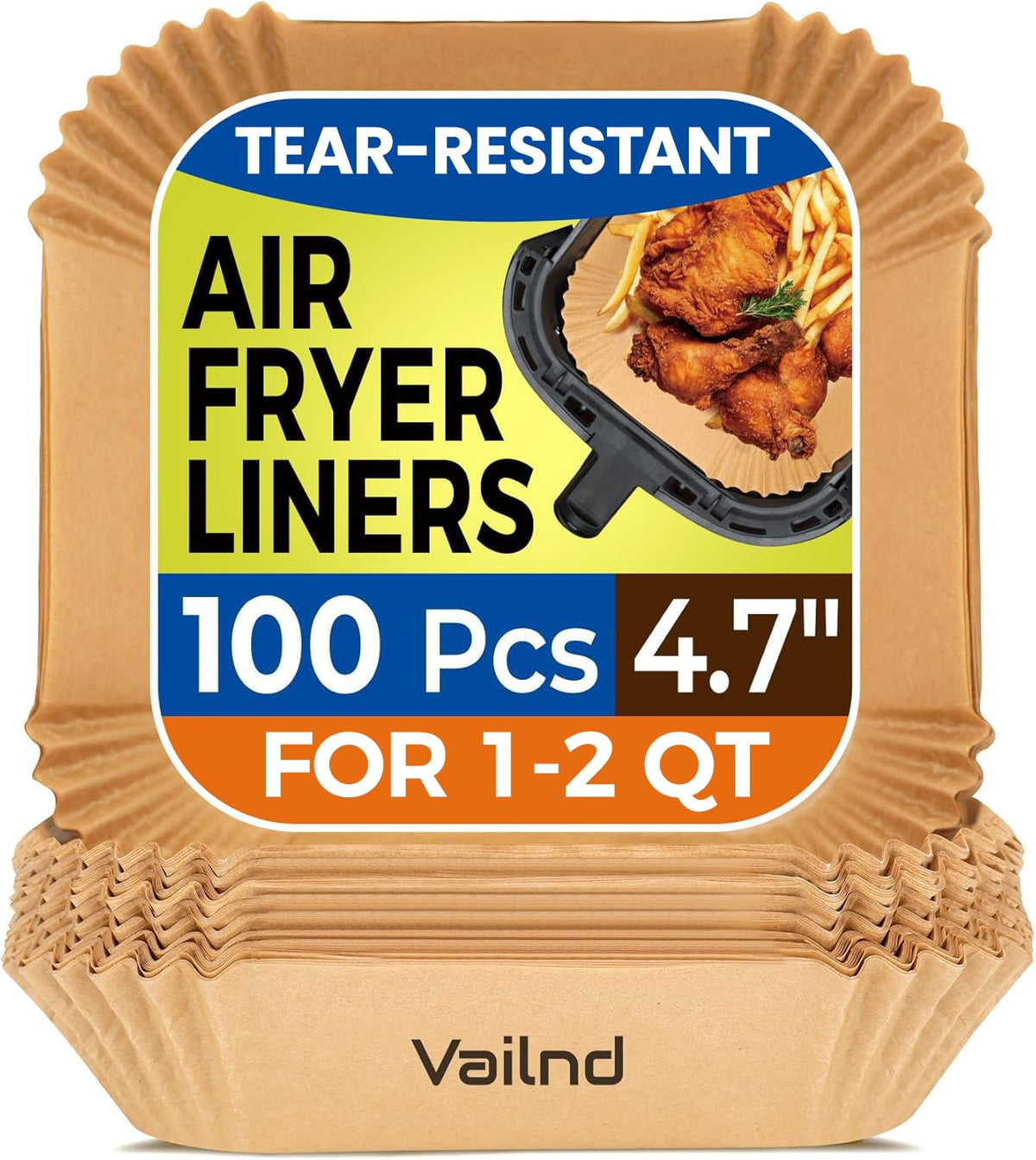 Vailnd Air Fryer Disposable Paper Liners 9inch Square, 125PCS Non-Stick Food Grade Air Fryer Parchment Paper, Oil Resistant & Waterproof Baking Liner for 8-12 QT Air Fryer Oven