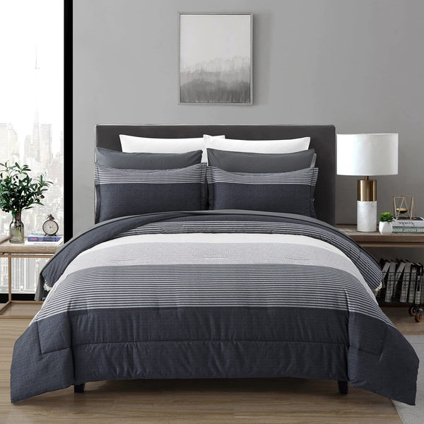Anibedding 7 Pieces Striped Queen Size Comforter Set, Brown Black Soft Microfiber Down Alternative Farmhouse Bedding All Season with Comforter, Pillow Shams, Flat Sheet, Fitted Sheet and Pillowcases