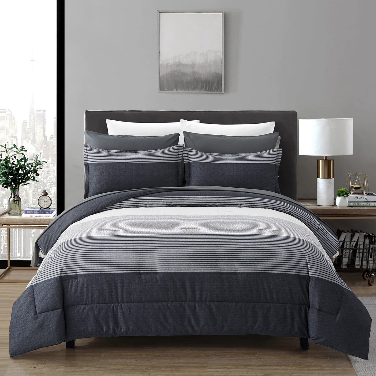 Anibedding 7 Pieces Striped Queen Size Comforter Set, Brown Black Soft Microfiber Down Alternative Farmhouse Bedding All Season with Comforter, Pillow Shams, Flat Sheet, Fitted Sheet and Pillowcases