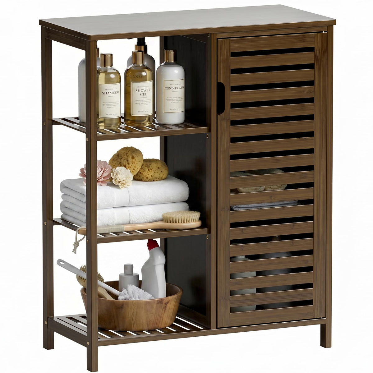 HITNET Bathoom Storage Cabinet, Bamboo Floor Cabinet with Single Door and 3 Open Shelves, Freestanding Space Saving Cupboard for Living Room, Kitchen, Entryway, White