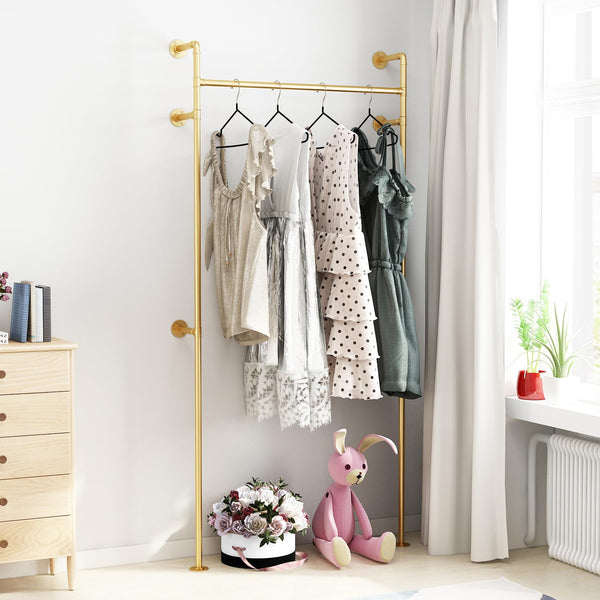 Industrial Pipe Clothing Rack, Heavy Duty Metal Clothes Rack with Double Rods for Hanging Clothes, Wall Mount Space-Saving Garment Display Rack (Double, Gold)