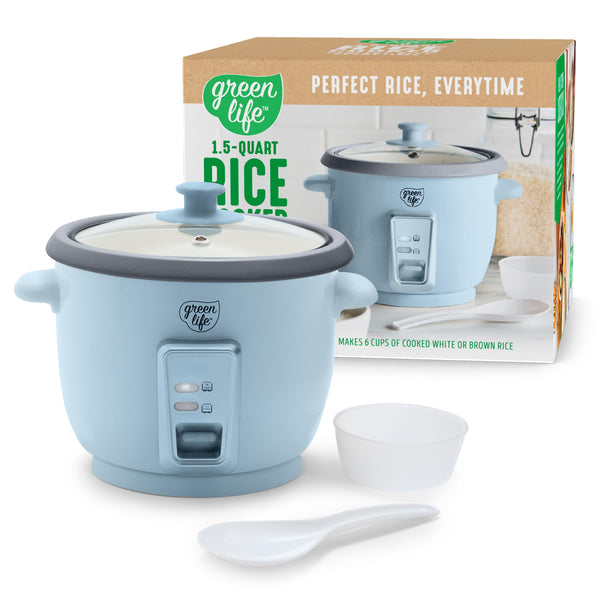GreenLife Electric Rice Cooker, 3-Cups Uncooked/6-Cups Cooked, Removable PFAS-Free Nonstick Pot, One-Switch Design, Auto Keep Warm, Small Space Saving, Rice Paddle, Soup, Grains, Oatmeal, 1.5 QT, Blue