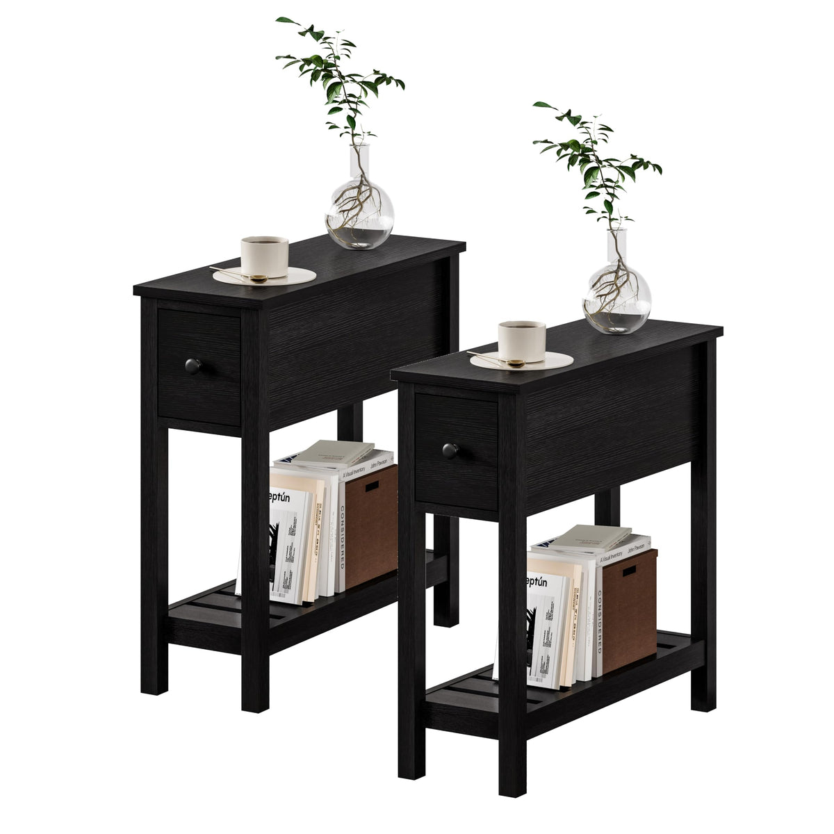 ChooChoo Narrow Side End Table, Small Side Table for Small Spaces, Slim End Table with Drawer, Narrow Nightstand Bedside Table for Living Room Bedroom, Black, 2 Pack