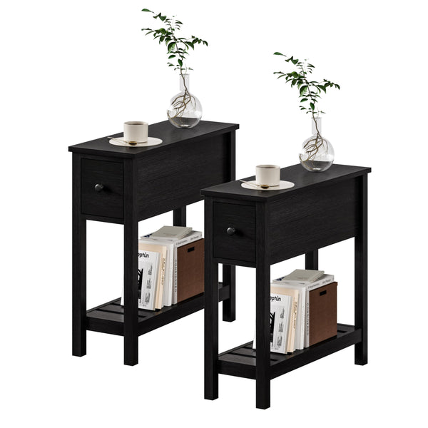 ChooChoo Narrow Side End Table, Small Side Table for Small Spaces, Slim End Table with Drawer, Narrow Nightstand Bedside Table for Living Room Bedroom, Black, 2 Pack