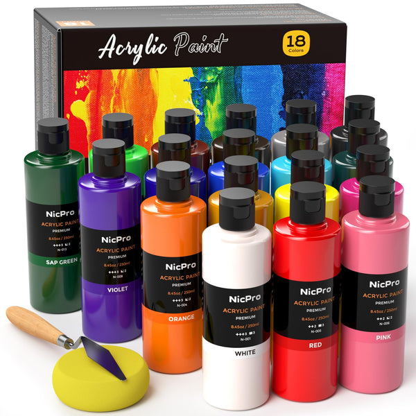 Nicpro 24 Colors Large Bulk Acrylic Paint Set (16.9 oz,500 ml) Non Toxic Artist Painting Supplies for Multi Surface Canvas, Wood, Fabric Leather, Rock, Glass, Paper, Crafts, Hobby with Color Wheel