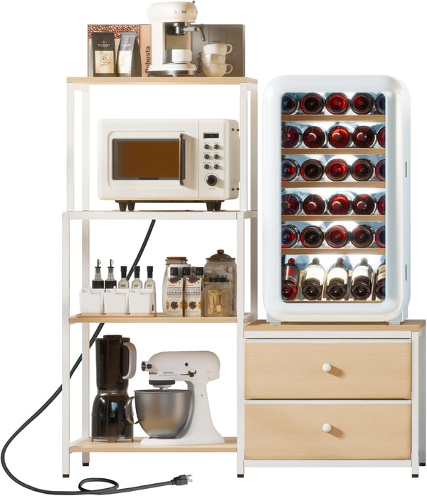 Mini Fridge Stand with Storage, Bakers Rack with Power Outlet, 4-Tier and 2 Drawers Kitchen Microwave Shelf, Coffee Bar Cabinet for Home, White Oak1