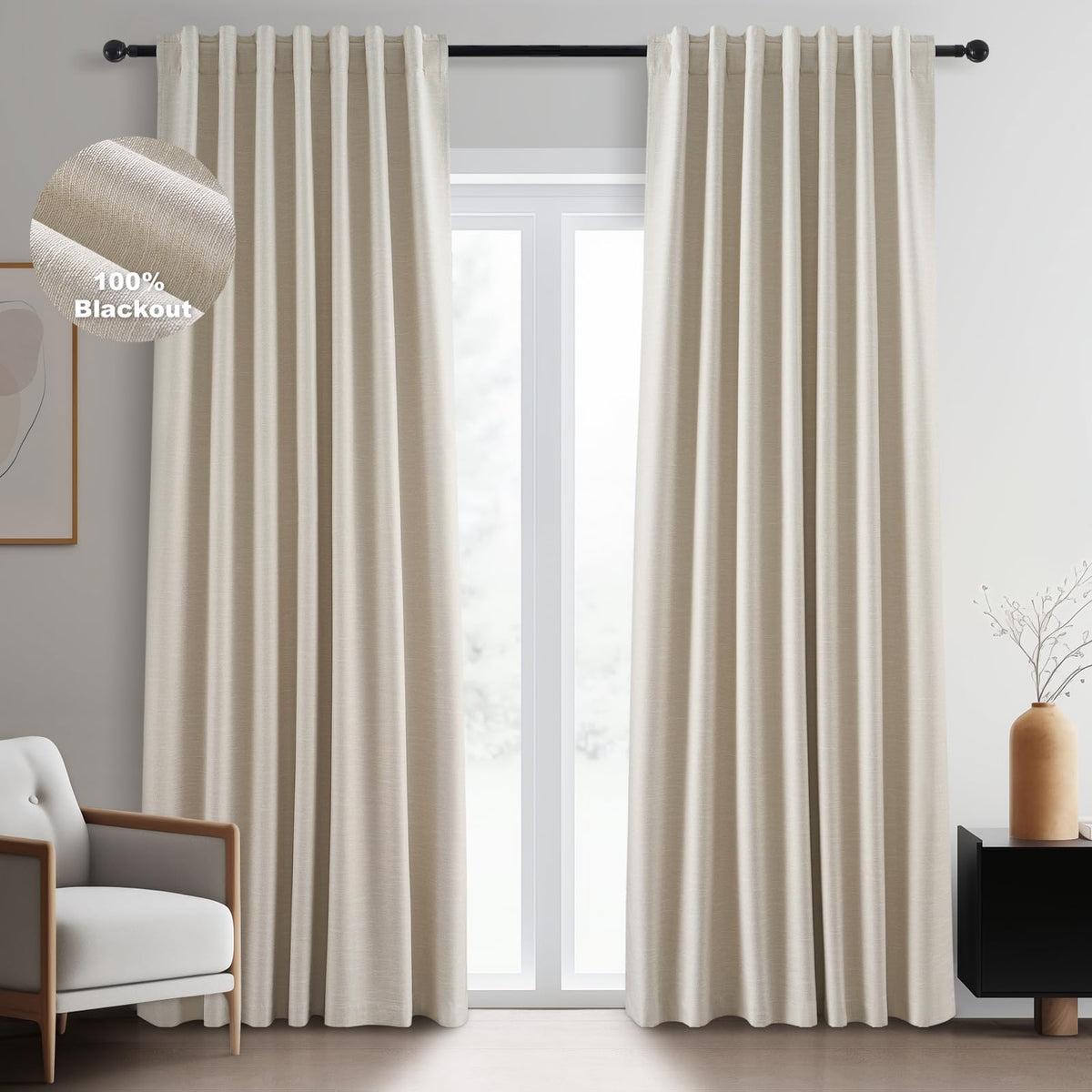 Oatmeal blackout curtains, 105 inch