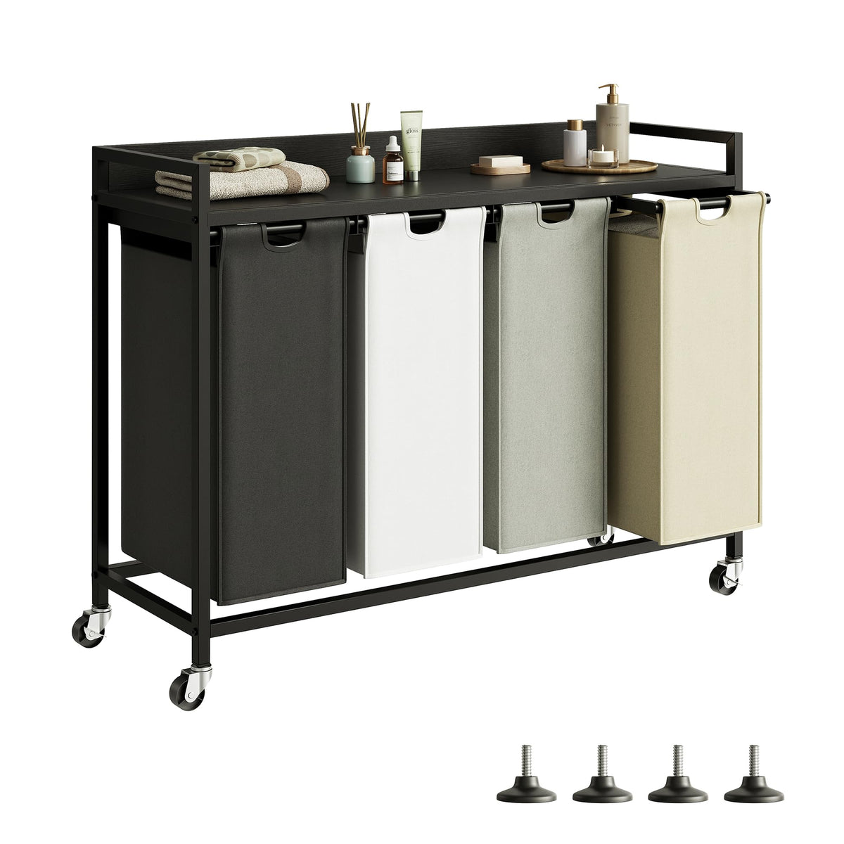 Herture 240L Laundry Hamper with Shelf, Laundry Basket 4 Section, Laundry Sorter with 4 Large Pull-Out Removable Bags and Rolling Wheels, Metal Frame, 4 x 15.87 Gallons (60L), Rustic Brown PF07XLN