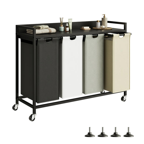 Herture 240L Laundry Hamper with Shelf, Laundry Basket 4 Section, Laundry Sorter with 4 Large Pull-Out Removable Bags and Rolling Wheels, Metal Frame, 4 x 15.87 Gallons (60L), Rustic Brown PF07XLN