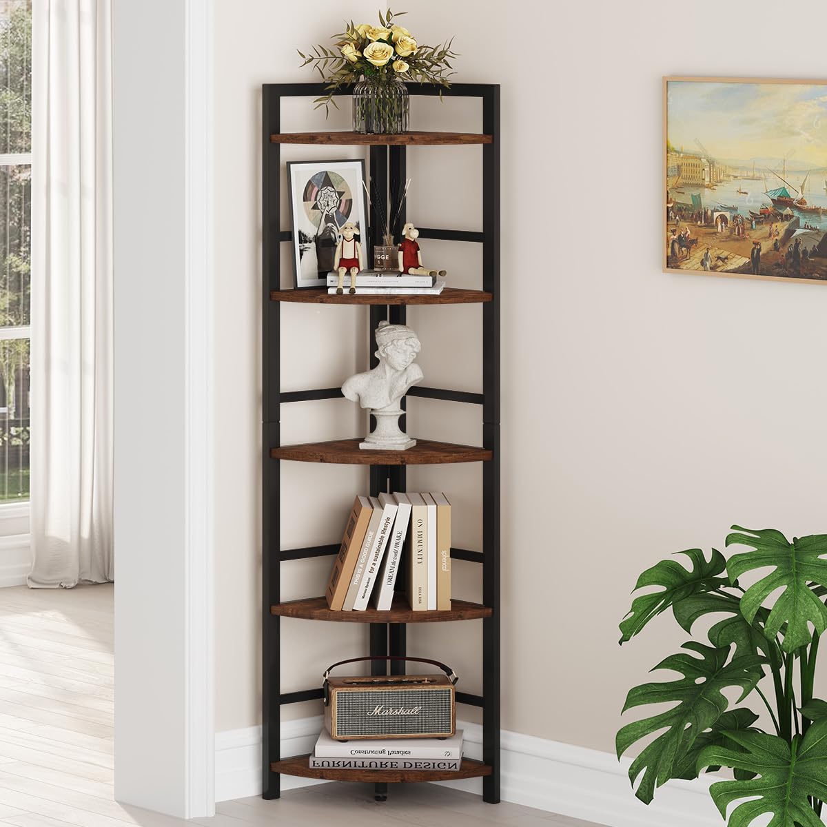 BON AUGURE Corner Ladder Shelf, 5-Tier Black Metal Wood Corner Bookshelf, Narrow Tall Bookcase Shelving Unit for Living Room, Home Office, Small Space (Black Oak)