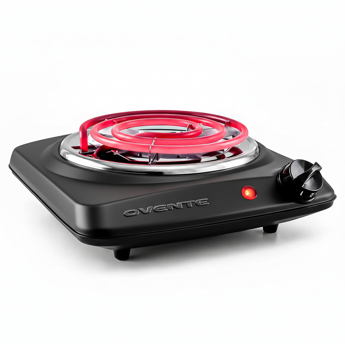 OVENTE Electric Countertop Single Burner, 1000W Cooktop with 6" Stainless Steel Coil Hot Plate, 5 Level Temperature Control, Indicator Light, Compact Cooking Stove and Easy to Clean, Black BGC101B
