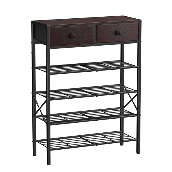Shoe Rack for Entryway, 5 Tier Shoe Organizer with 2 Non-Woven Drawers, Metal Storage Shoe Shelf for 16-20 Pairs of Shoes, with Wooden Top and Steel Frame, Shoe Stand for Closet Dark Brown