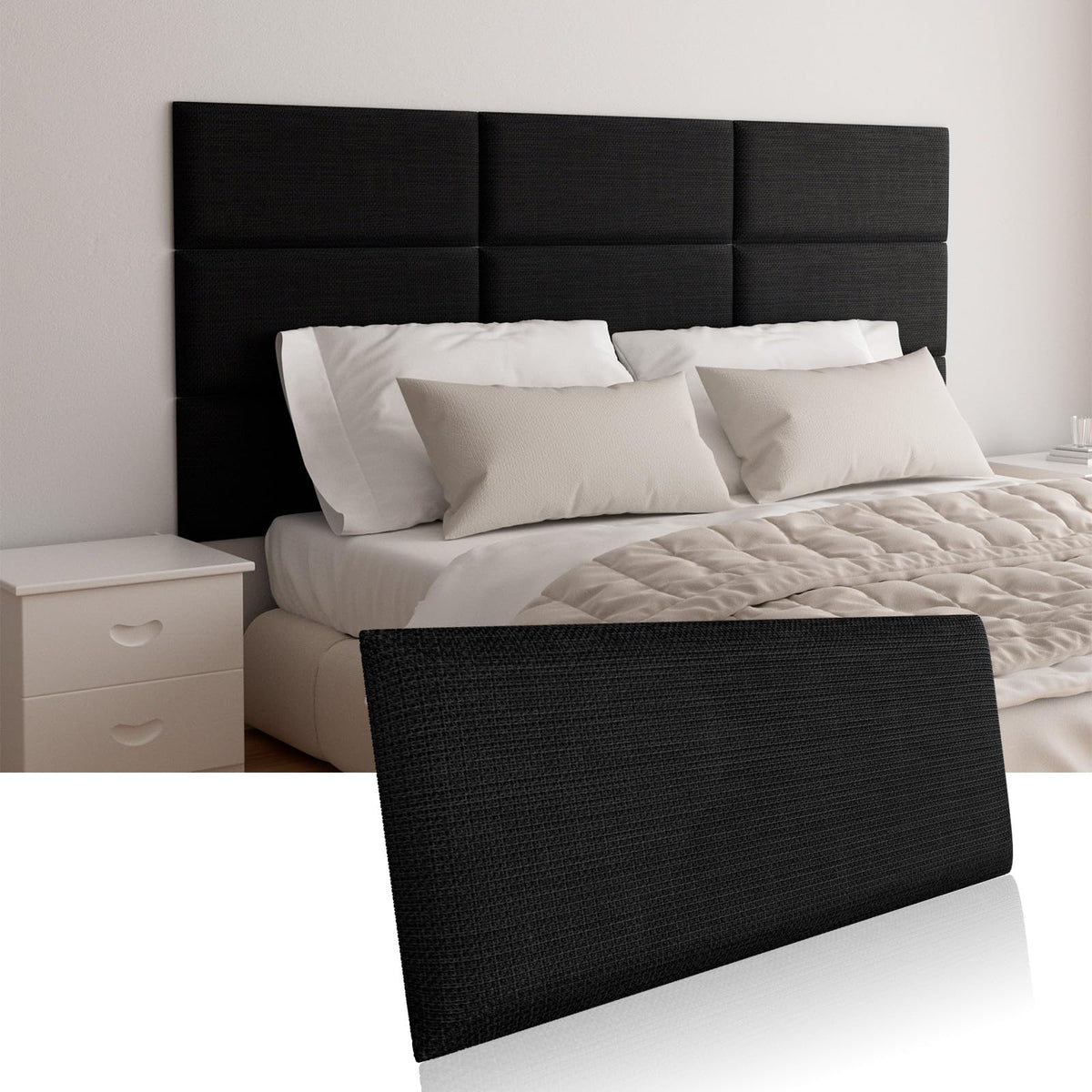 Upholstered Wall Mounted Headboard, Acoustic Wall Panel, Peel and Stick Wall Padding Panel, Dark Grey Towel Fabric, 12-Pack