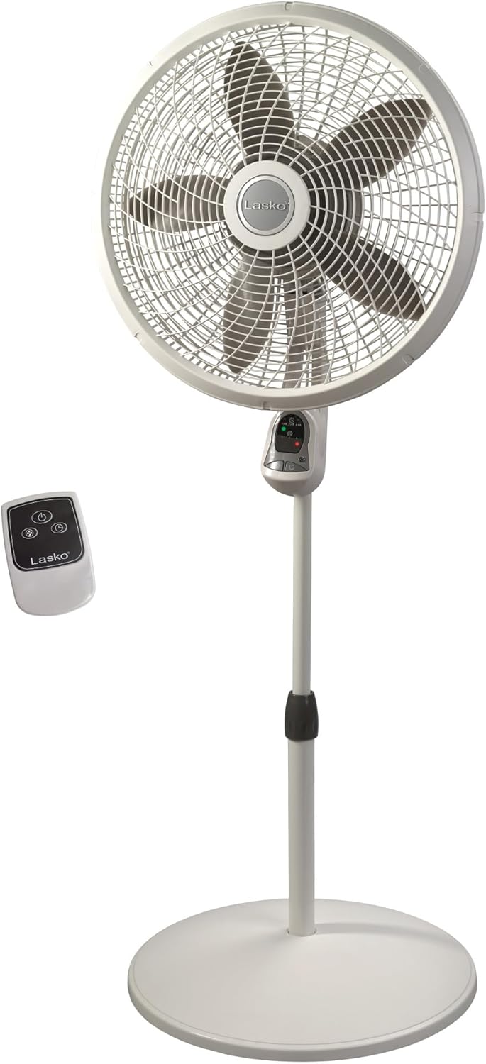 Lasko Cyclone Pedestal Fan, Oscillating, Adjustable Height, Remote Control, Timer, 3 Speeds, for Bedroom, Kitchen, Office and Living Room, 18'', White, 1885, Large