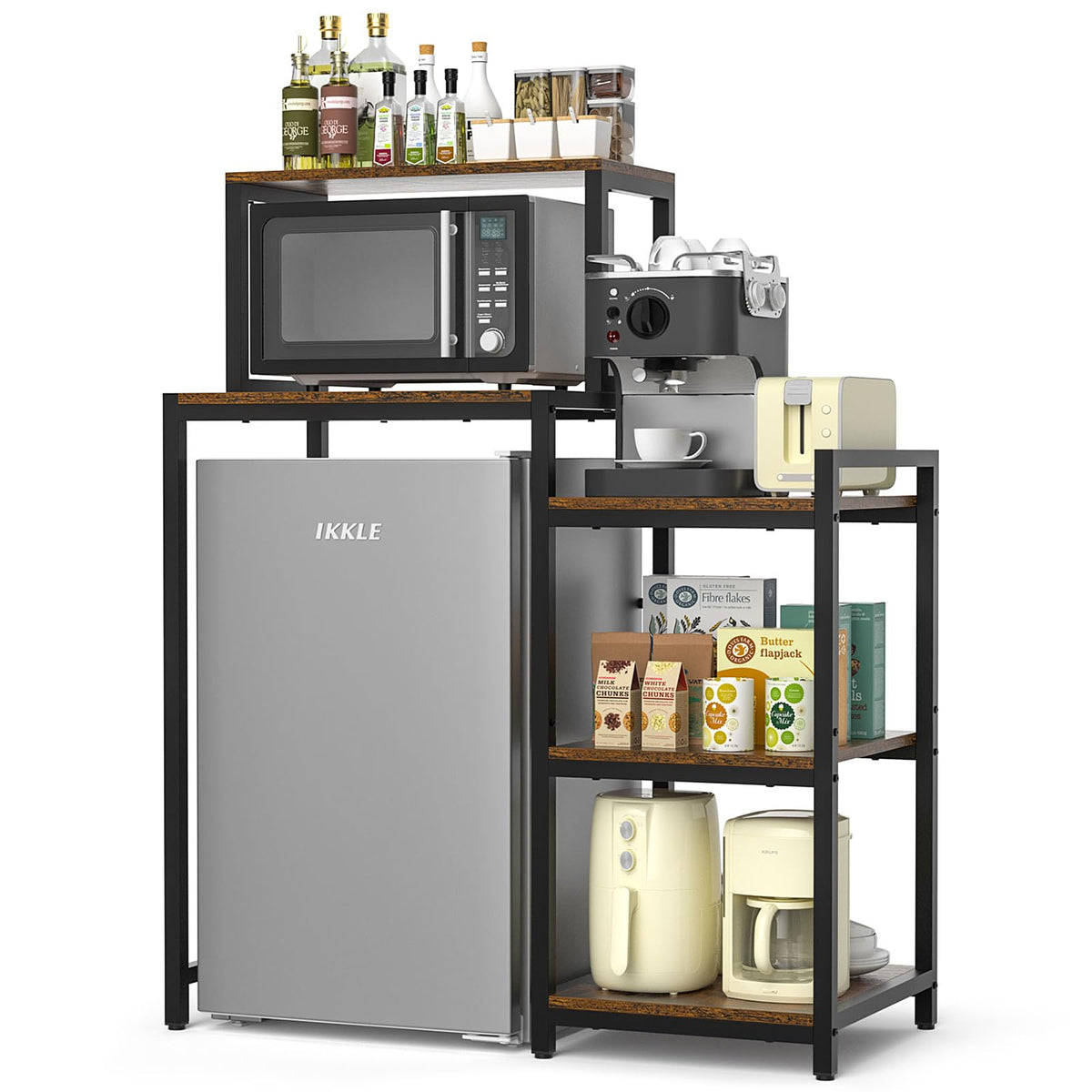ikkle Mini Fridge Stand with Storage Shelves, 3-Tier Kitchen Fridge Cabinet Microwave Stand Baker Rack, Wood Utility Storage Shelf with Mini Fridge Storage Space for Dorm Kitchen (Brown)