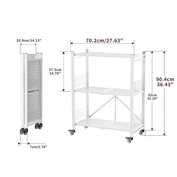 Folding Storage Shelves, 4-Tier Metal Foldable Shelf Shelving Rack Organizer On Rolling Wheels in Kitchen Warehouse Patio Pantry Basement Collapsible Shelves No Assembly (White, 4-Layer)