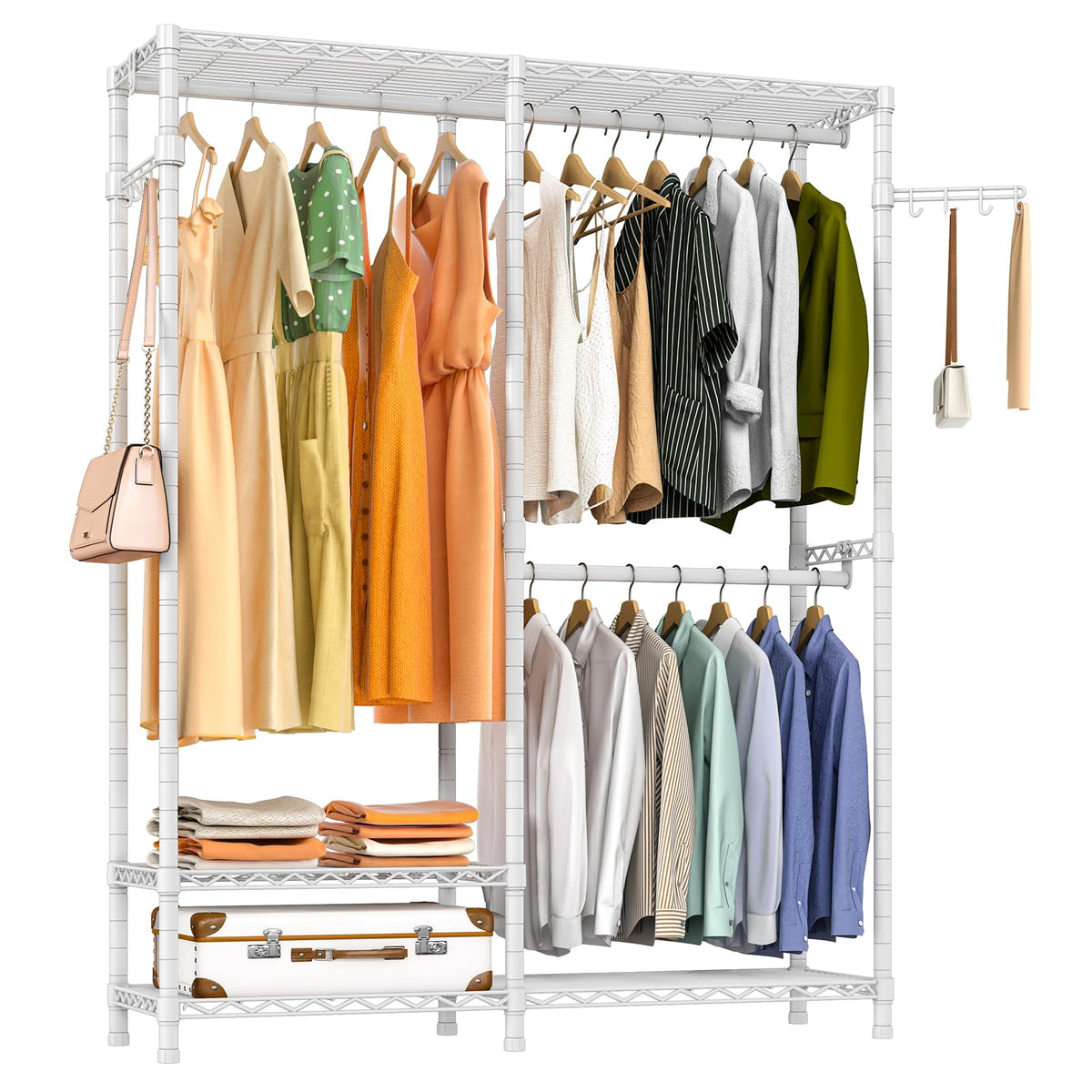 Heavy Duty Garment Rack, Metal Closet Organizers and Storage Clothing Racks 3 Tiers Adjustable Wire Shelving with 2 Hanger Rods and Side Hooks, 44.7" Lx16.5 Wx76.8 H, Max Load 800LBS, White