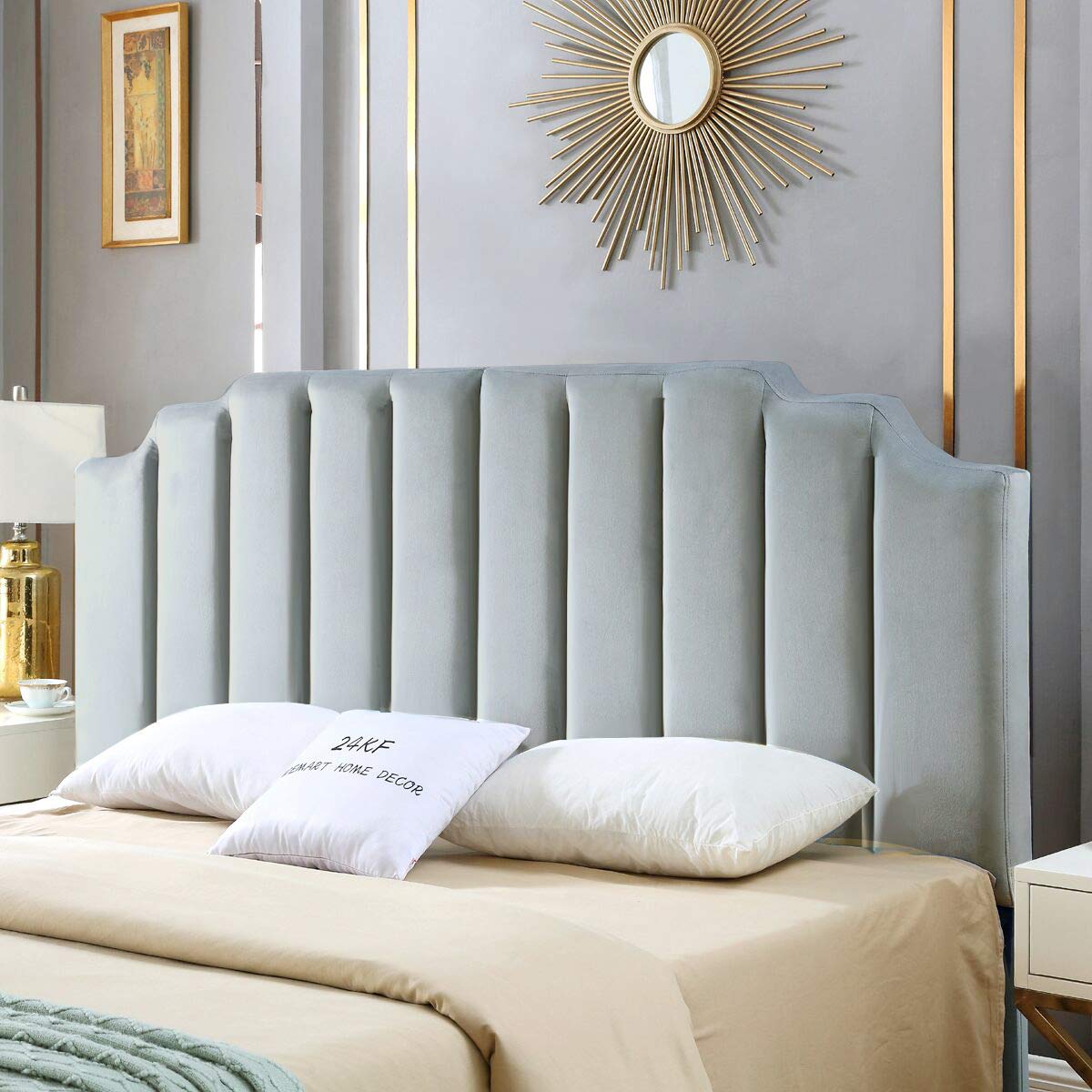 24KF Yellow Teddy Fabric Tufted King Upholstered Headboard, Modern Vertical Channel Design California King Headboard with Stepped Silhouette Top Edge,6026-K-Teddy Yellow
