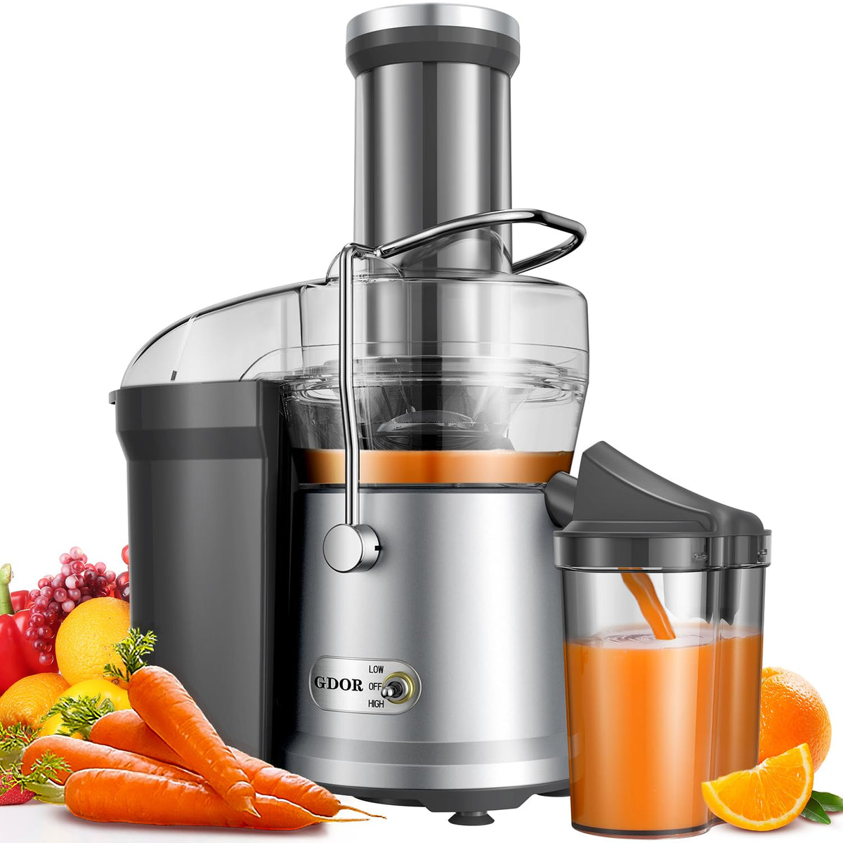 GDOR Powerful 1200W Juicer with Larger 3.2" Feed Chute, 45oz Large Juice Jug, Centrifugal Juice Extractor Maker with Titanium Enhanced Cutting System, Dual Speeds, BPA-Free, Grey