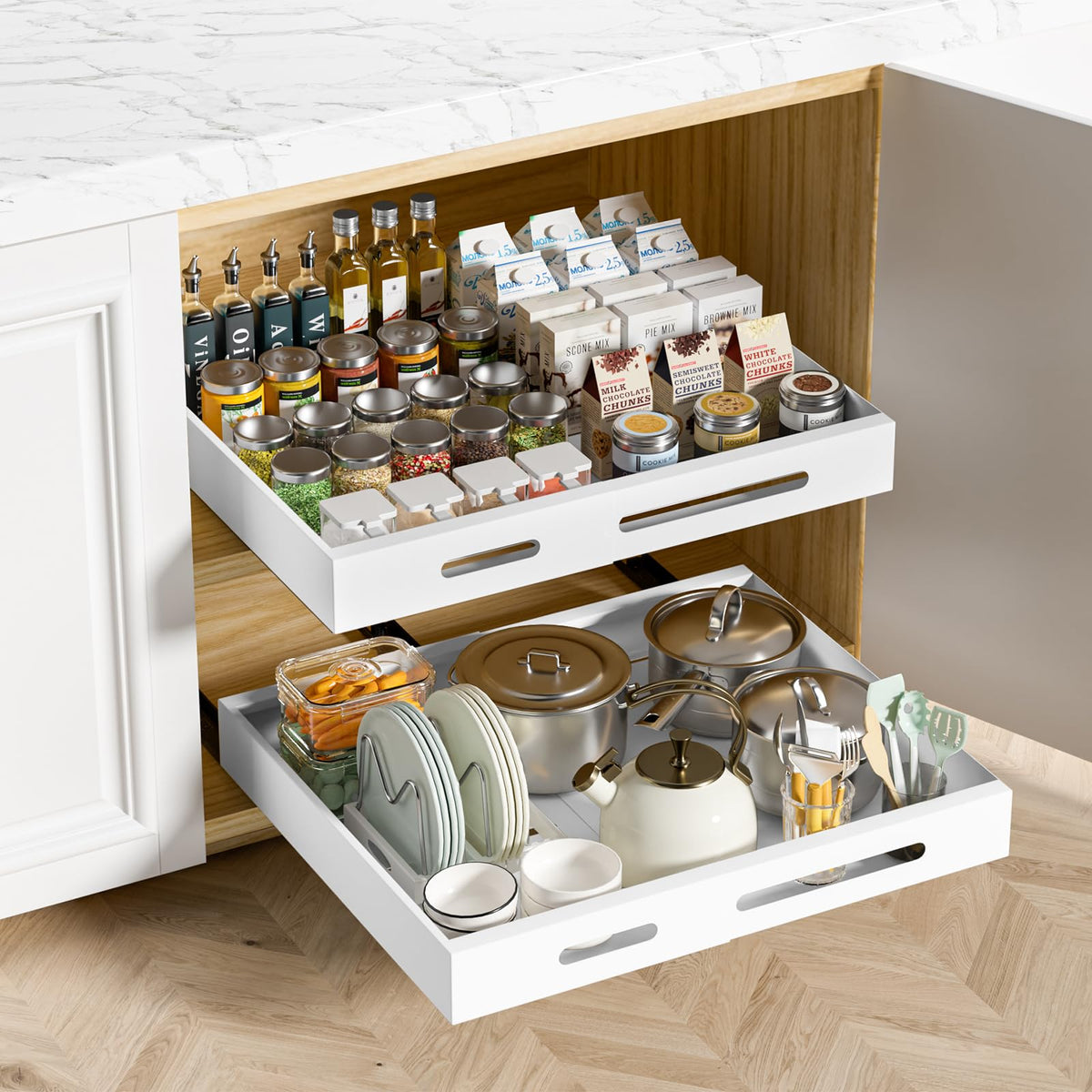 HBL' 2 Pack | 21" Deep Pull Out Cabinet Organizer Adhesive, 12-Inch Wide Sturdy Carbon Steel Roll-Out Drawers, Designed for Frameless Cabinets, Slide-Out Shelves for Pantry.