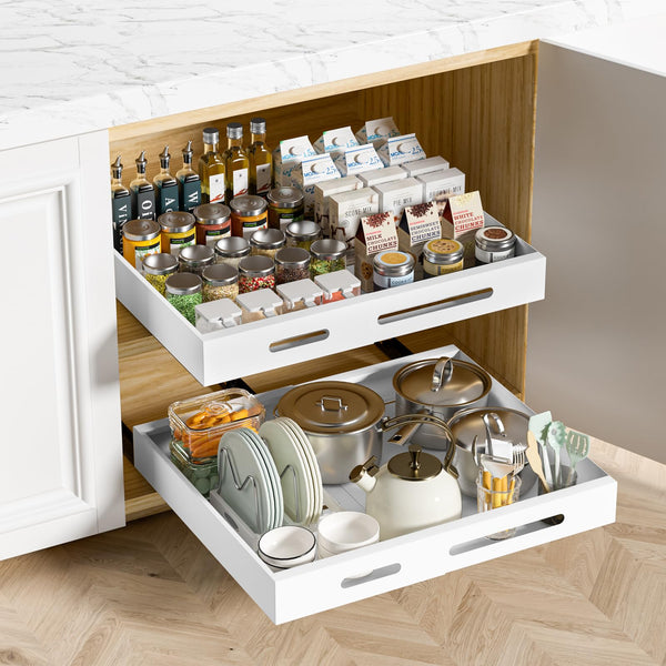 HBL' 2 Pack | 21" Deep Pull Out Cabinet Organizer Adhesive, 12-Inch Wide Sturdy Carbon Steel Roll-Out Drawers, Designed for Frameless Cabinets, Slide-Out Shelves for Pantry.