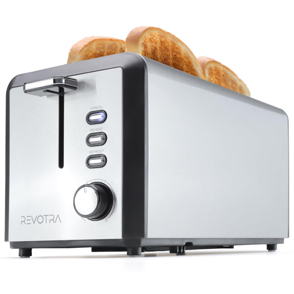 4 Slice Long Slot Stainless Steel Toaster with Extra Wide 1.5” Slots, 6 Shade Browning Settings, Defrost Reheat Cancel Functions, Even Toasting for Artisan & Sourdough Bread, Removable Crumb Tray