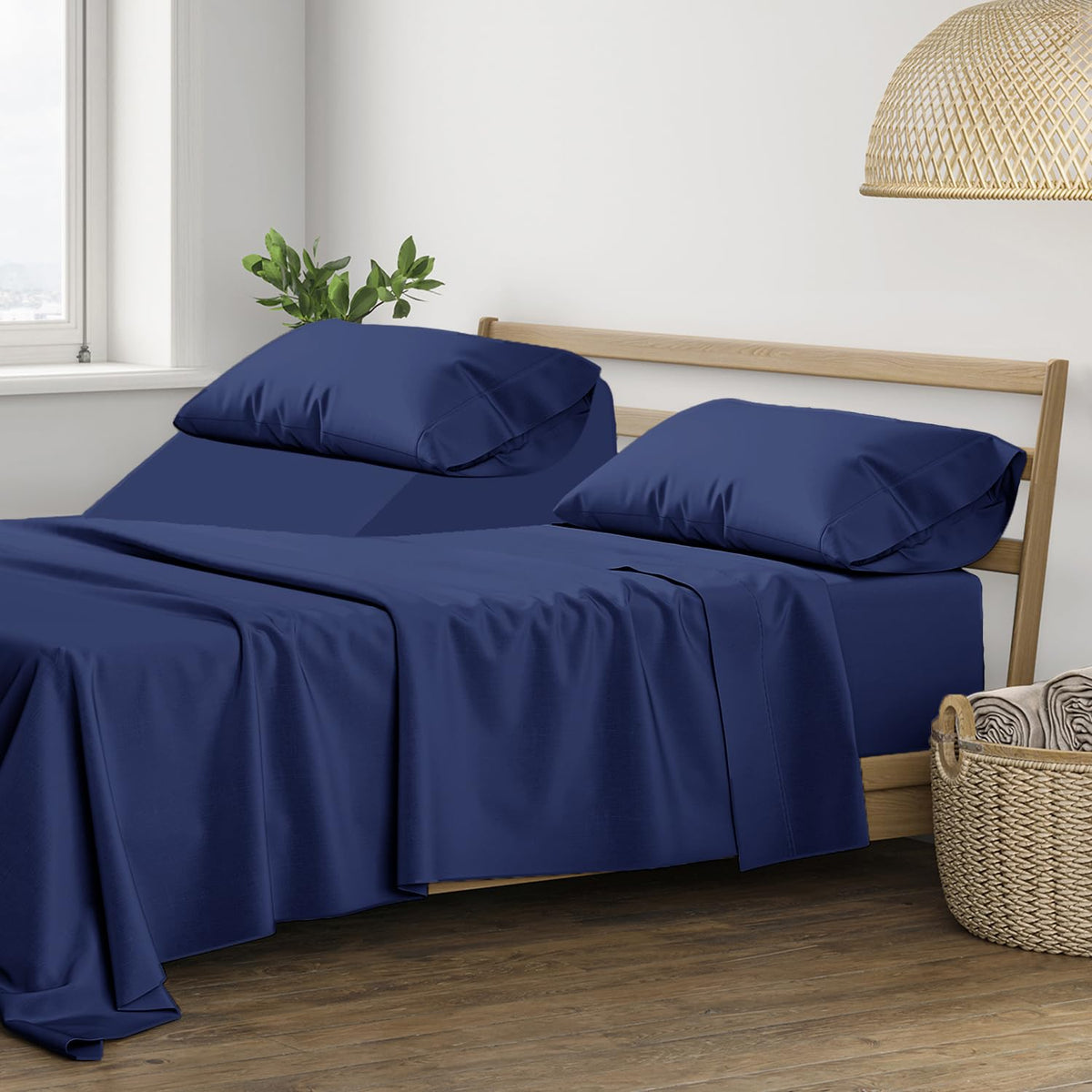 THREAD SPREAD 100% Cotton Split King Sheets for Adjustable Bed - 400 Series Glee Collection 5 PC Sateen Split Sheet Set, Soft, Breathable Cooling Sheets, 16" Deep Pocket Split King Sheet (Navy Blue)