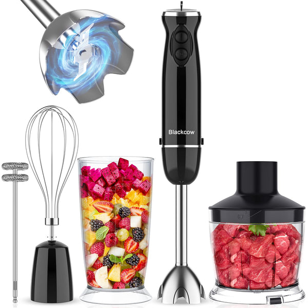 Blackcow Immersion Blender Hand Held Electric Stainless Steel with Accessories Chopper Whisk Milk Frother Measuring Cup (BPA Free)