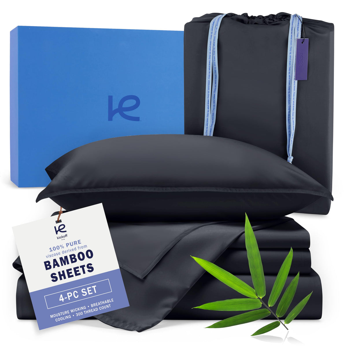 100% Bamboo Sheets, Queen Size Bedding Set | 3-Piece Extra Deep Pocket Queen Sheets Set | Soft, Lightweight, Breathable, Cooling Sheets | Bedding Sheets & Pillowcases (Twin - Onyx Black)