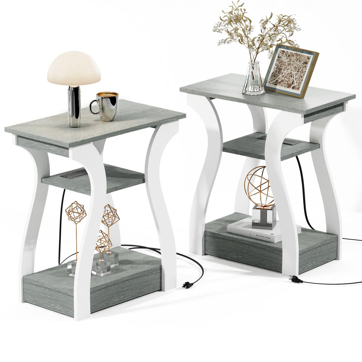 FROMJBEST Side Tables for Living Room, Set of 2, Grey Side Table with Charging Station, Grey Side Table, Bedside Table for Bedroom, 3 Tier Side Table with Storage Compartment for Living Room