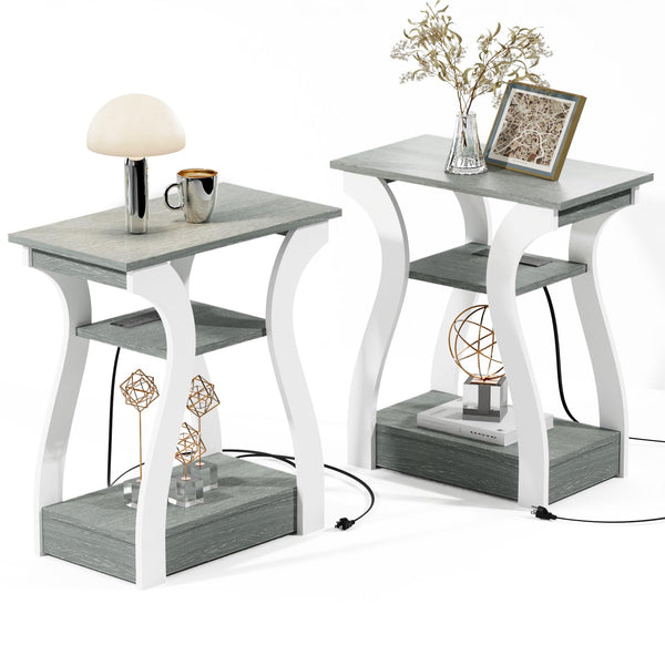 FROMJBEST Side Tables for Living Room, Set of 2, Grey Side Table with Charging Station, Grey Side Table, Bedside Table for Bedroom, 3 Tier Side Table with Storage Compartment for Living Room