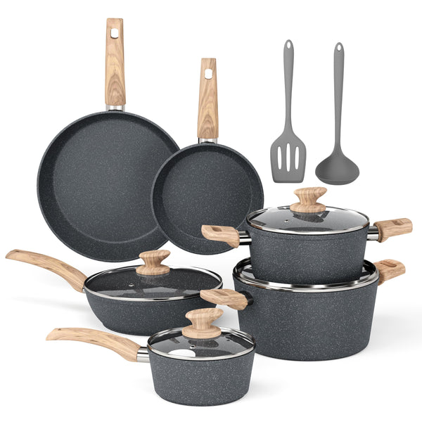 DishDelight Induction Nonstick Pots and Pans Set, 12 Piece Kitchen Cookware Sets, Nonstick Granite Cooking Pot and Pan Set with Frying Pans & Saucepans, Gray