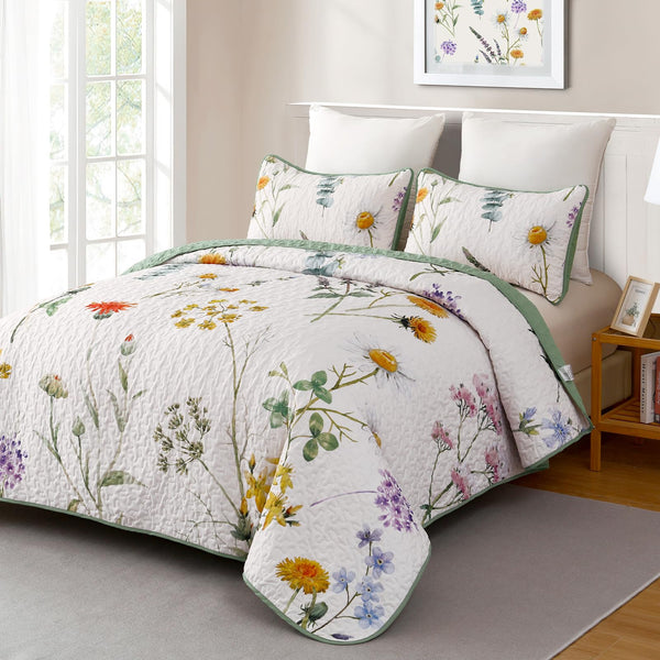 Dobuyly Floral California King Quilt Set, Grey and White Botanical California King Size Bedspread 3 Pieces, Soft Lightweight Flower Bedding Set for All Season, 112"x96"