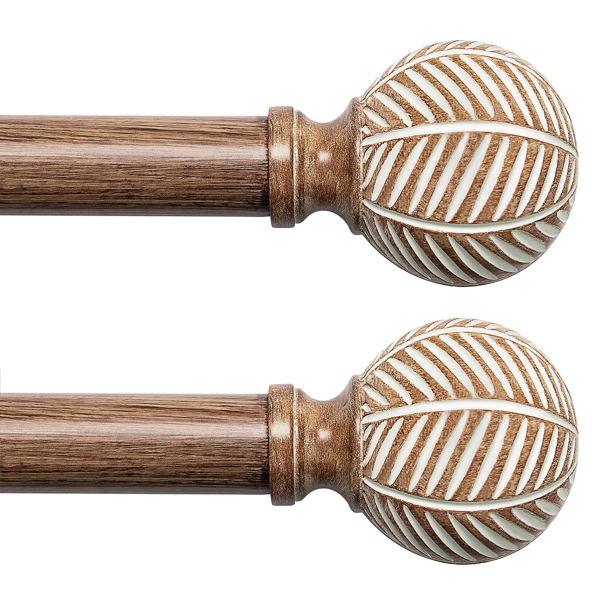 Wooden Curtain Rods for Windows: Set of 2 Adjustable Curtain Rods, 1" Diameter, 72"-144" Length, Heavy Duty Curtain Rods, Leaf Finials Faux Grain
