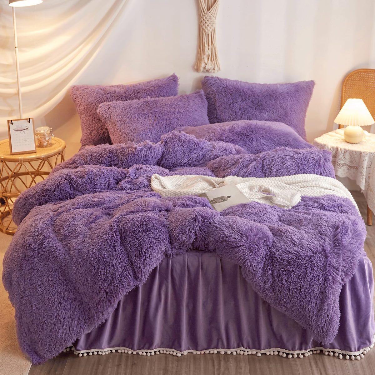 Fluffy Yellow Comforter Cover Full Size Set, Soft Furry Plush Yellow Bedding Full Size 3 Pieces (1 Fuzzy Duvet Cover + 2 Faux Fur Pillow Cases) Fluffy Bed Set, Zipper Closure