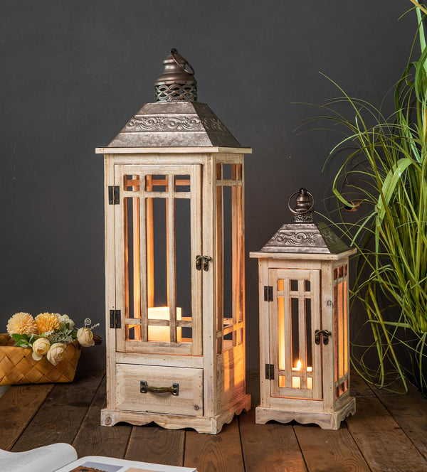 TIMRIS Large Farmhouse Wooden Metal Lantern Set of 2, Rustic Decorative Floor Candle Lanterns, Vintage Distressed Hanging Lanterns for Home Décor (No Glass)