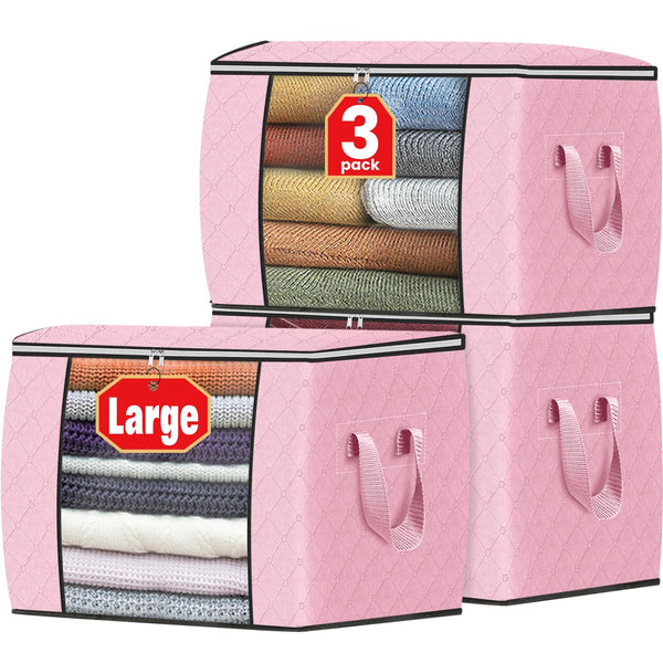 Fab totes 8 Pack Clothes Storage, Foldable Thick Fabric Blanket Storage Bags, Containers for Organizing Bedroom, Closet, Clothing, Comforter, Organization with Handle,Beige